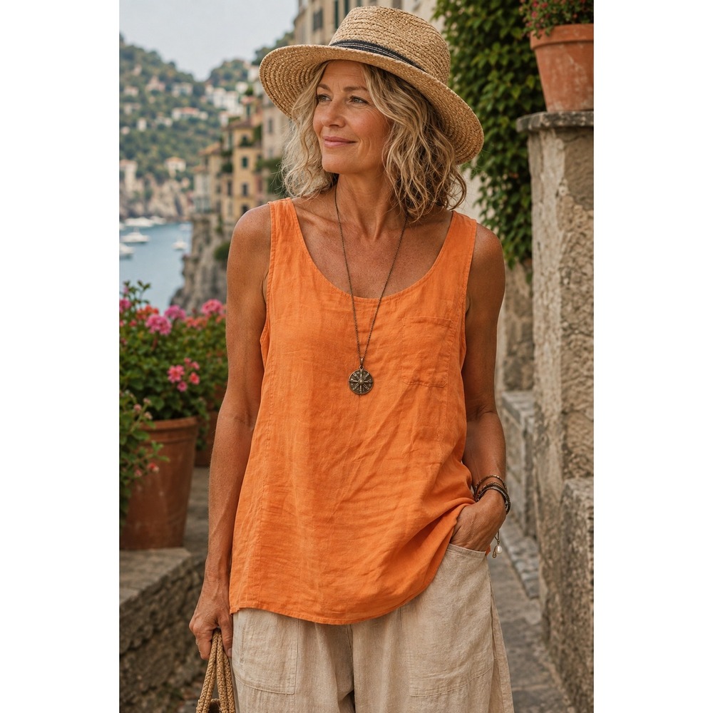 Saks Fifth Avenue Tunic Tank Top Womens Medium Orange Sleeveless Linen Lagenlook
